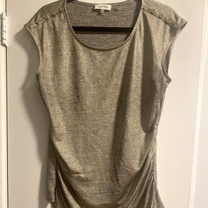 CALVIN KLEIN Metallic-ruched top with button detail on the shoulders.